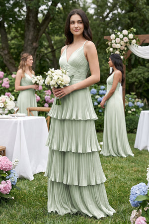 Sage Tiered Pleated V-Neck A-Line Chiffon Bridesmaid Dress (4) | KISSBRIDAL