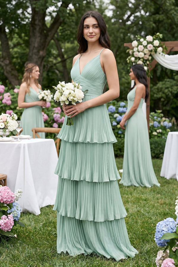 Sage Tiered Pleated V-Neck A-Line Chiffon Bridesmaid Dress (4) | KISSBRIDAL
