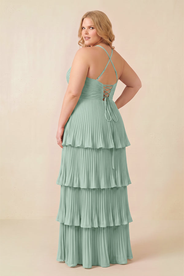 Sage Tiered Pleated V-Neck A-Line Chiffon Bridesmaid Dress (4) [sizeplus] | KISSBRIDAL