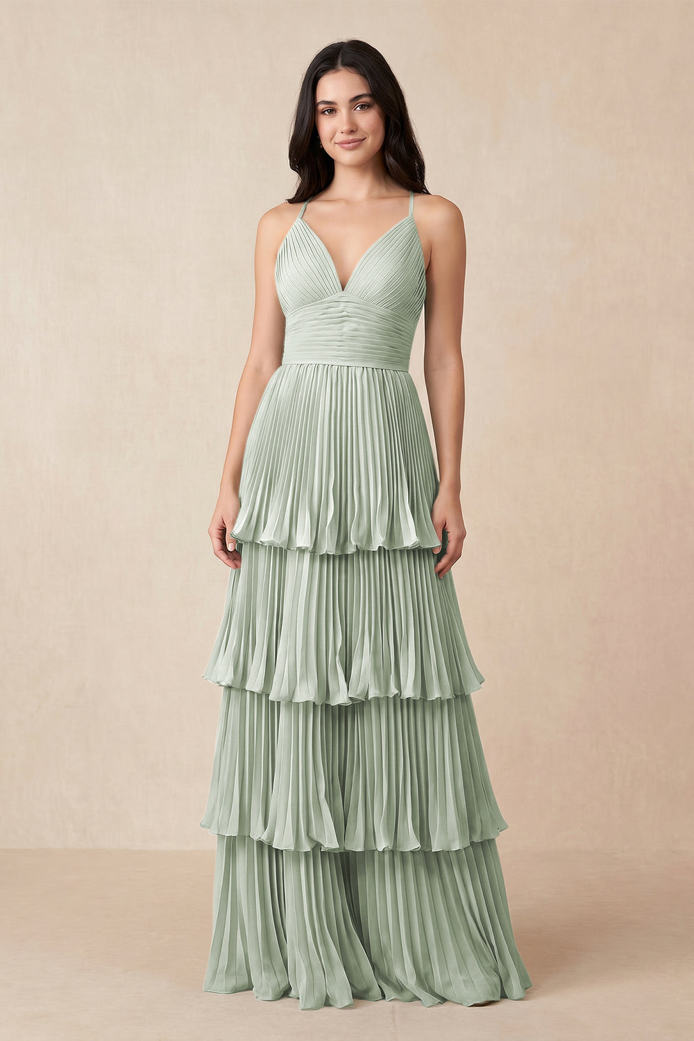 Tiered Pleated V-Neck A-Line Chiffon Bridesmaid Dress in Sage