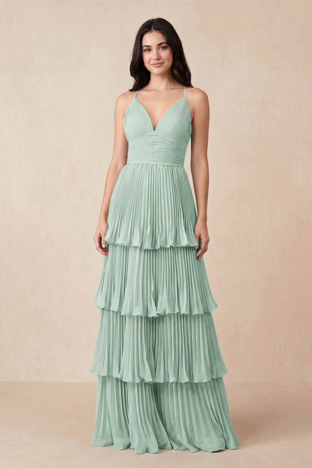 Tiered Pleated V-Neck A-Line Chiffon Bridesmaid Dress in Sage