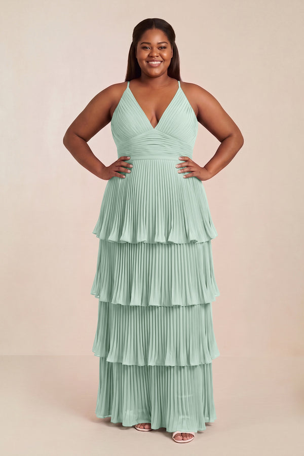 Sage Tiered Pleated V-Neck A-Line Chiffon Bridesmaid Dress [sizeplus] | KISSBRIDAL