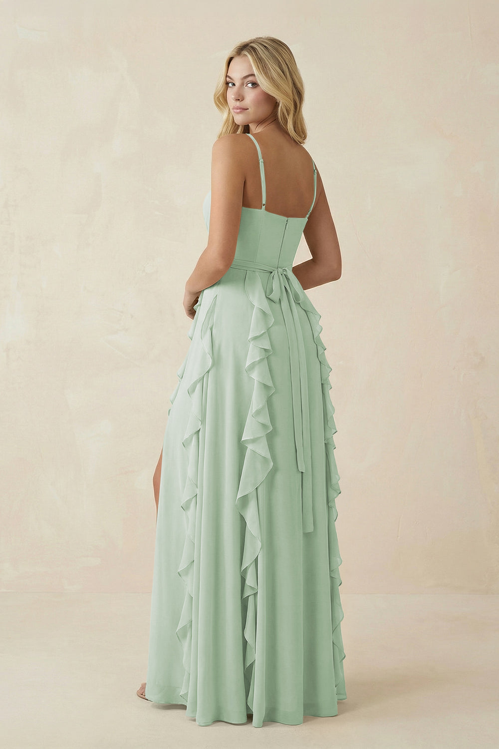 Tiered Ruffle A-Line Chiffon Bridesmaid Dress in Sage