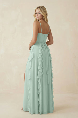 Sage Tiered Ruffle A-Line Chiffon Bridesmaid Dress (2) | KISSBRIDAL