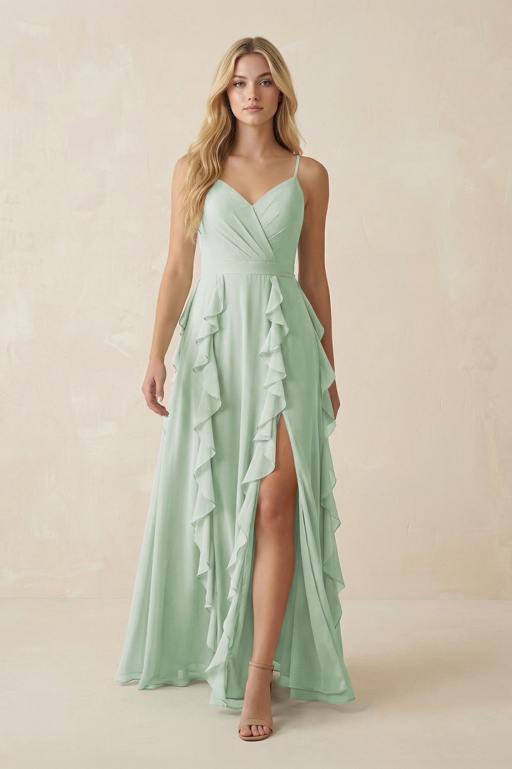 Tiered Ruffle A-Line Chiffon Bridesmaid Dress in Sage