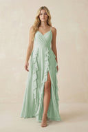 Sage Tiered Ruffle A-Line Chiffon Bridesmaid Dress | KISSBRIDAL