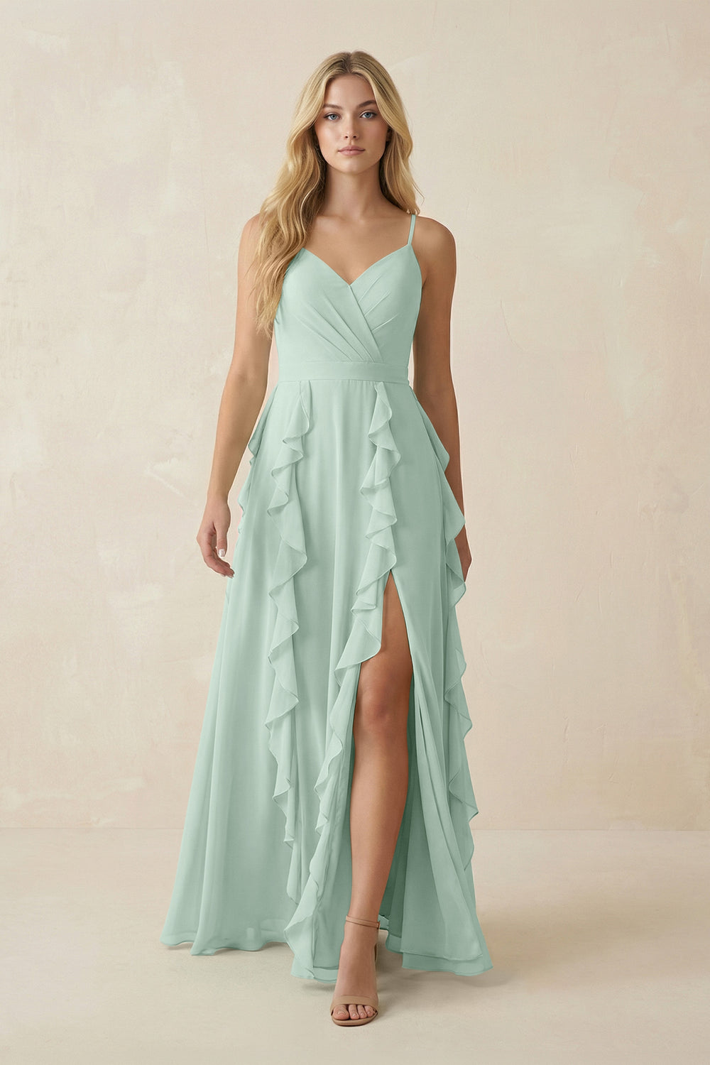Tiered Ruffle A-Line Chiffon Bridesmaid Dress in Sage