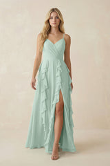 Sage Tiered Ruffle A-Line Chiffon Bridesmaid Dress | KISSBRIDAL
