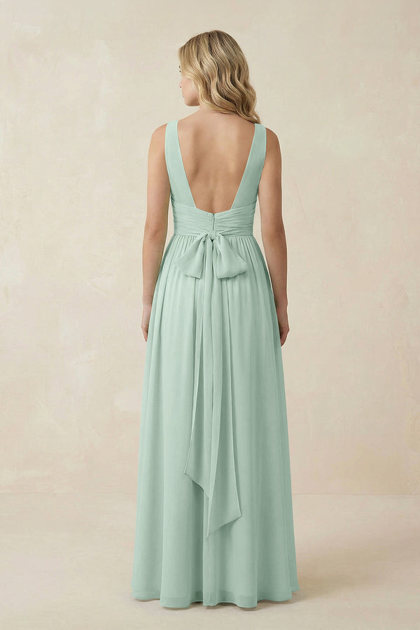 Sage V-Neck A-Line Bridesmaid Dress with Back Bow (2) | KISSBRIDAL