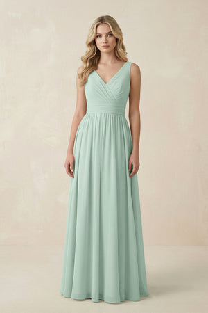 Sage V-Neck A-Line Bridesmaid Dress with Back Bow | KISSBRIDAL