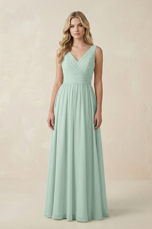 Sage V-Neck A-Line Bridesmaid Dress with Back Bow | KISSBRIDAL