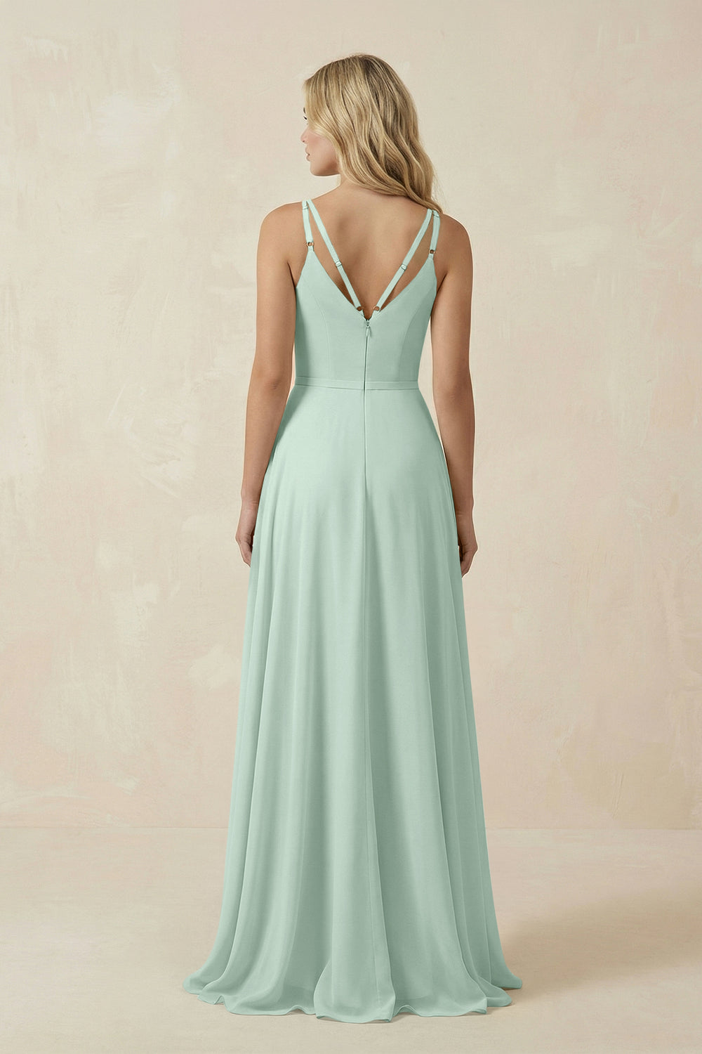 V-Neck A-Line Chiffon Bridesmaid Dress with Crisscross Back in Sage
