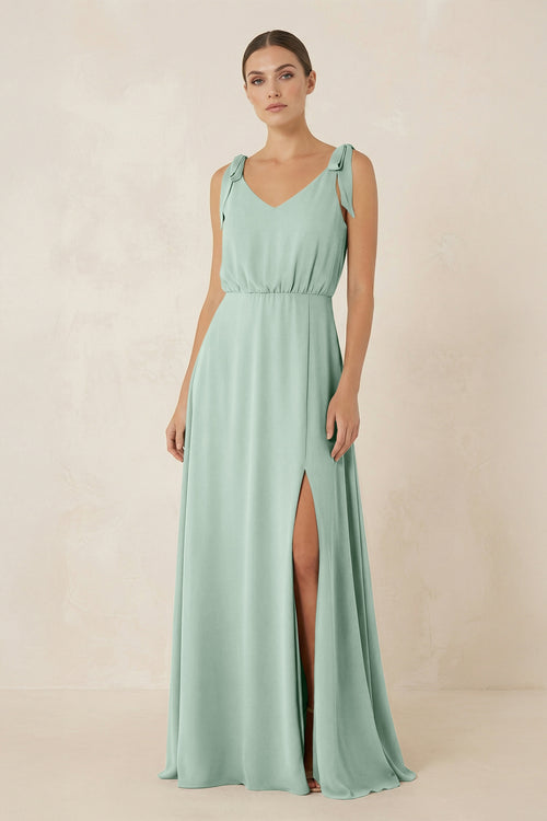 Sage V-Neck A-Line Chiffon Bridesmaid Dress | KISSBRIDAL
