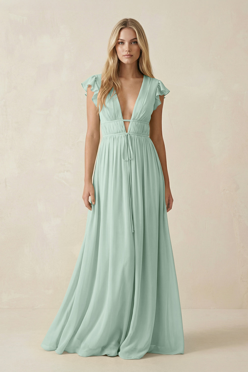 V-Neck A-Line Chiffon Cap Sleeves Bridesmaid Dress in Sage