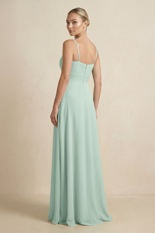 Sage V-Neck A-Line Chiffon Pleated Bridesmaid Dress (2) | KISSBRIDAL