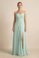 Sage V-Neck A-Line Chiffon Pleated Bridesmaid Dress | KISSBRIDAL