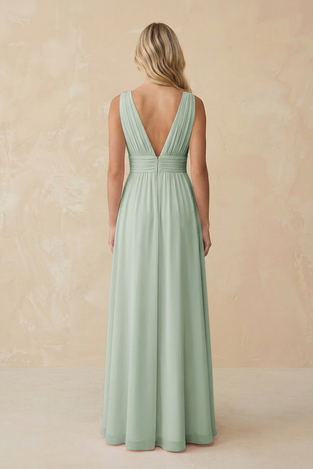 V-Neck A-Line Chiffon Ruched Bridesmaid Dress in Sage