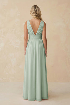 Sage V-Neck A-Line Chiffon Ruched Bridesmaid Dress (2) | KISSBRIDAL