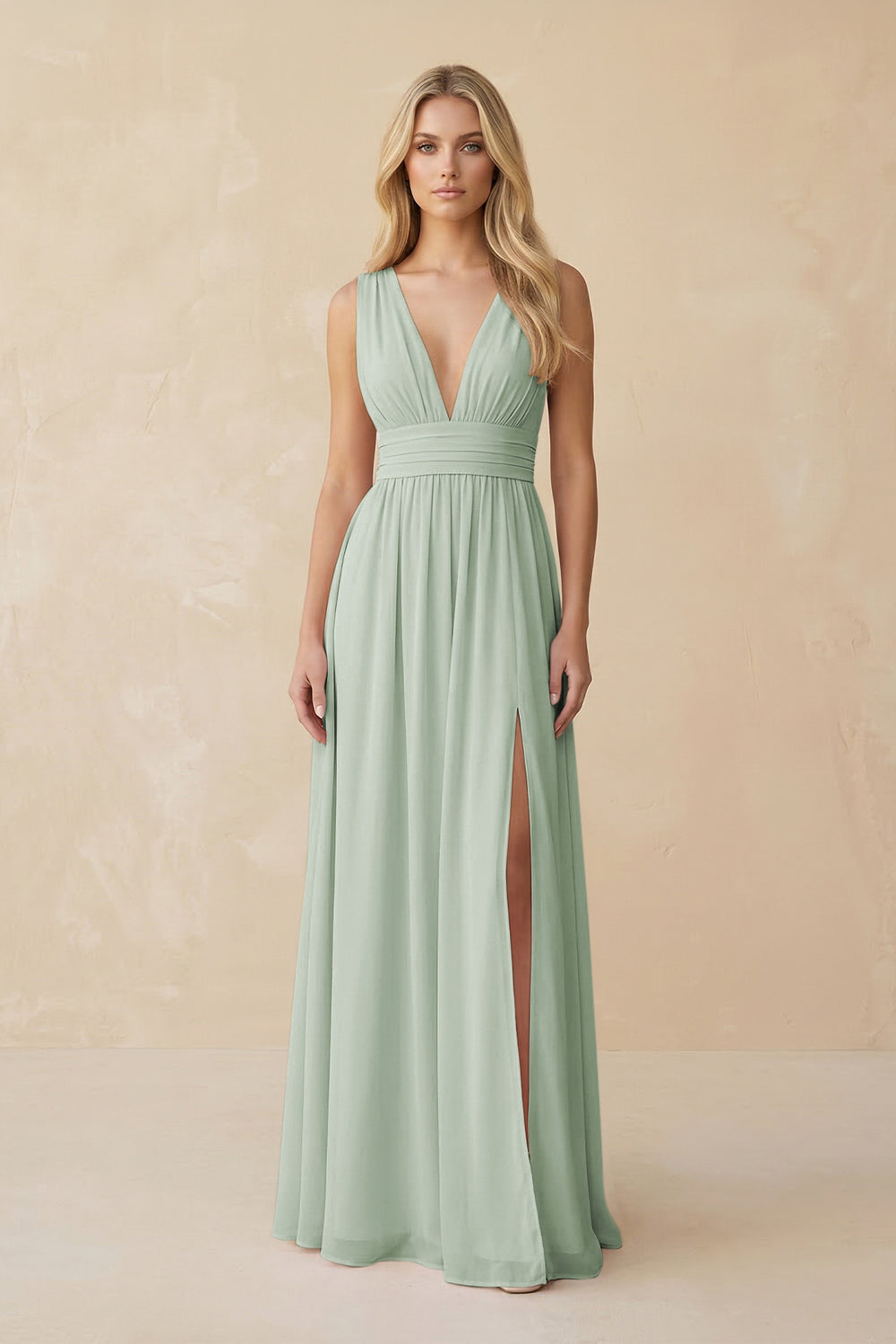 V-Neck A-Line Chiffon Ruched Bridesmaid Dress in Sage