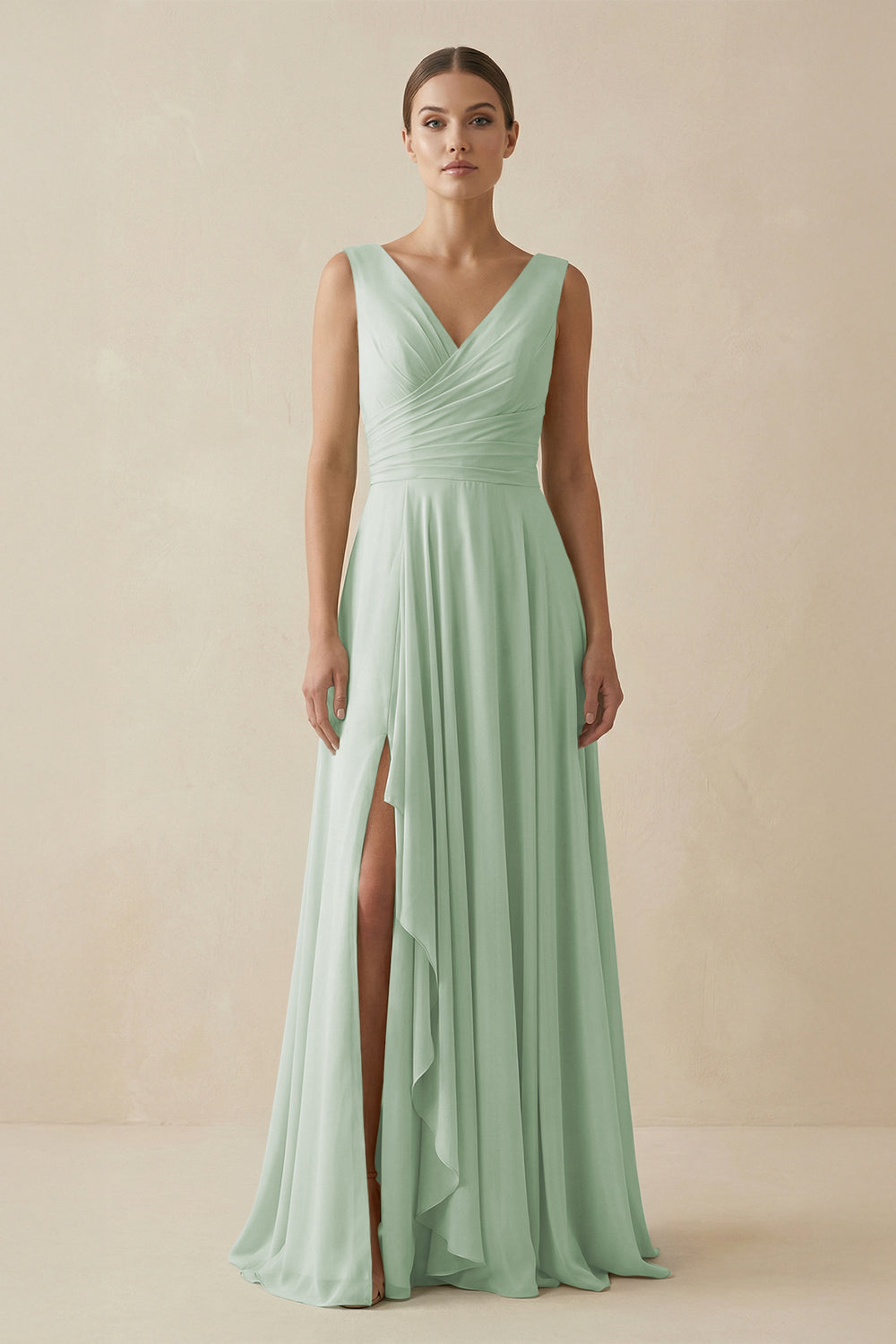 V-Neck A-Line Chiffon Ruffled Bridesmaid Dress in Sage