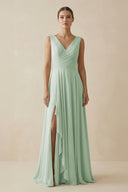 Sage V-Neck A-Line Chiffon Ruffled Bridesmaid Dress | KISSBRIDAL