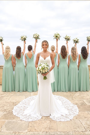 Sage V-Neck A-Line Chiffon Ruffled Bridesmaid Dress | KISSBRIDAL