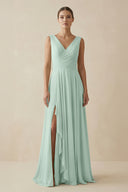 Sage V-Neck A-Line Chiffon Ruffled Bridesmaid Dress | KISSBRIDAL