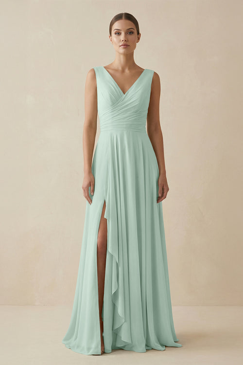 Sage V-Neck A-Line Chiffon Ruffled Bridesmaid Dress | KISSBRIDAL