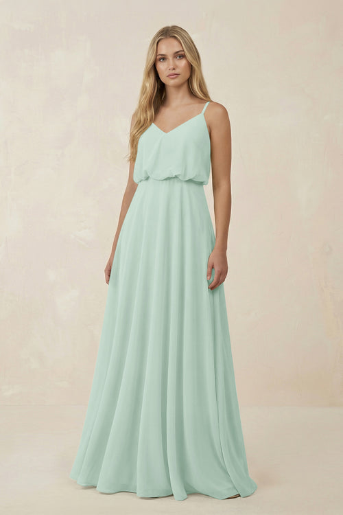 Sage V-Neck Blouson A-Line Chiffon Bridesmaid Dress | KISSBRIDAL