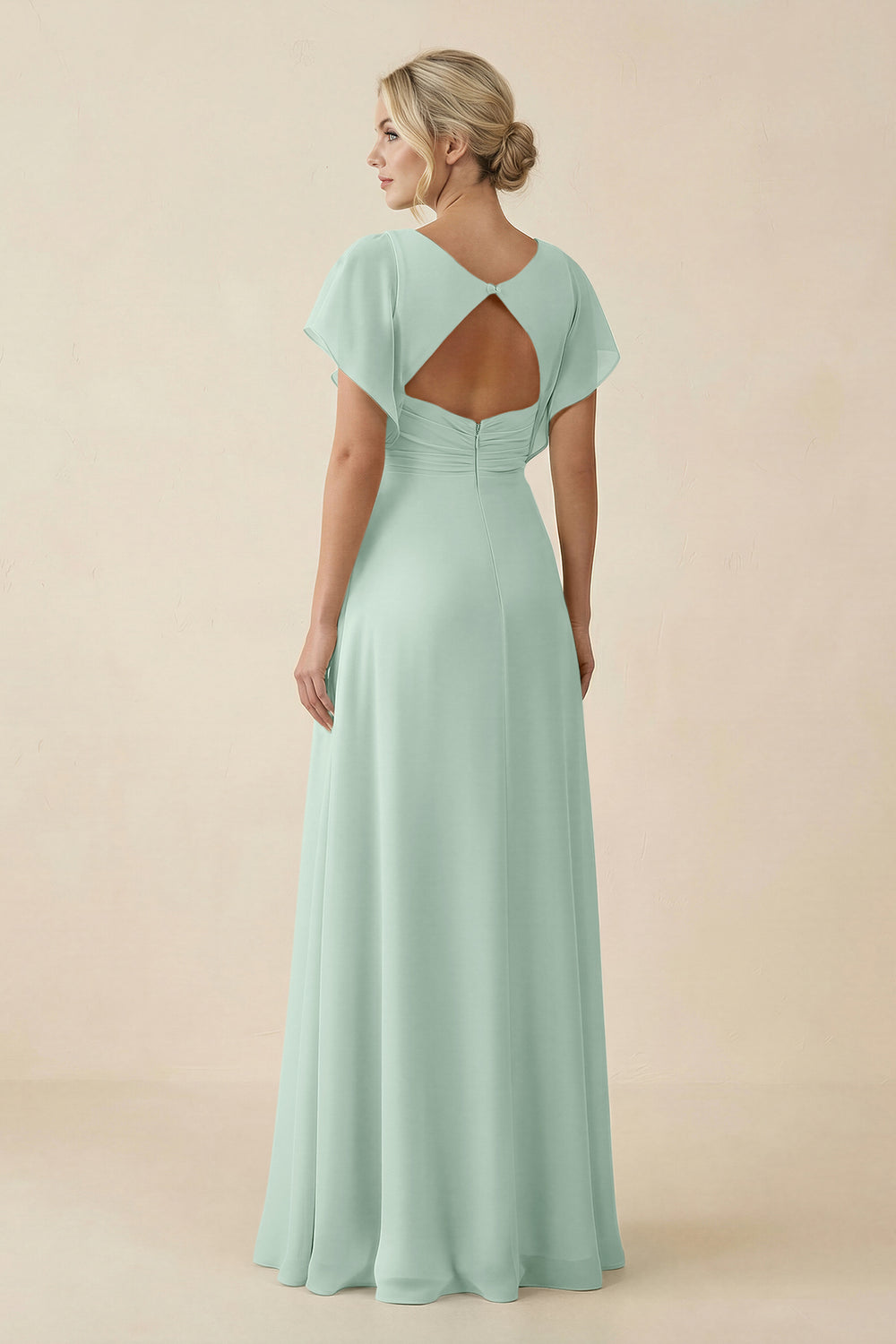 V-Neck Cap Sleeve Chiffon Bridesmaid Dress with Cut-out Back in Sage