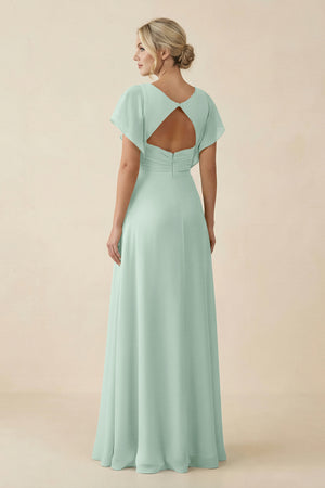 Sage V-Neck Cap Sleeve Chiffon Bridesmaid Dress with Cut-out Back (2) | KISSBRIDAL