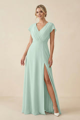 Sage V-Neck Cap Sleeve Chiffon Bridesmaid Dress with Cut-out Back | KISSBRIDAL