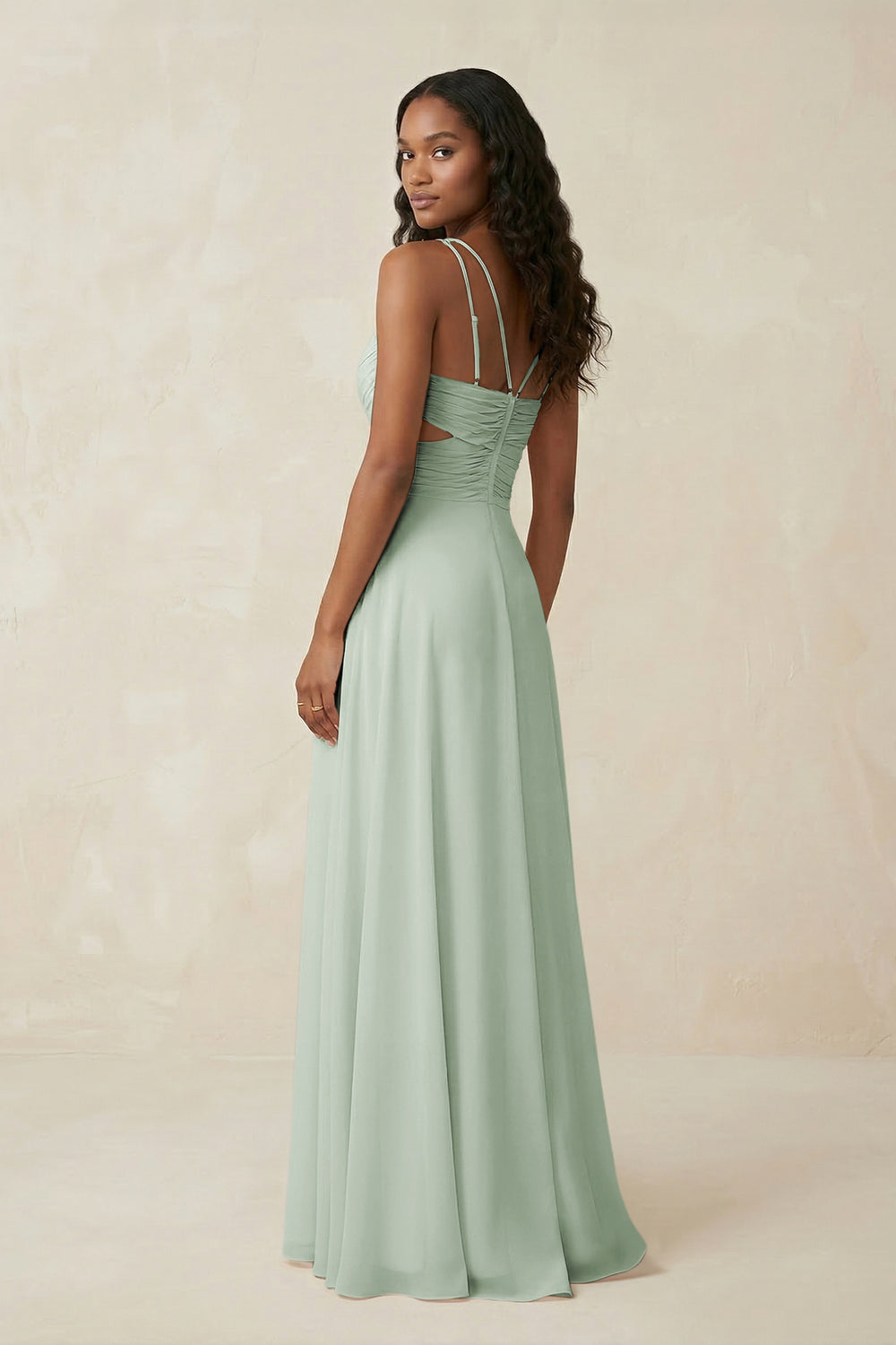 V-Neck Chiffon A-Line Cut-Out Bridesmaid Dress in Sage