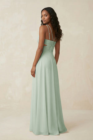 Sage V-Neck Chiffon A-Line Cut-Out Bridesmaid Dress (2) | KISSBRIDAL