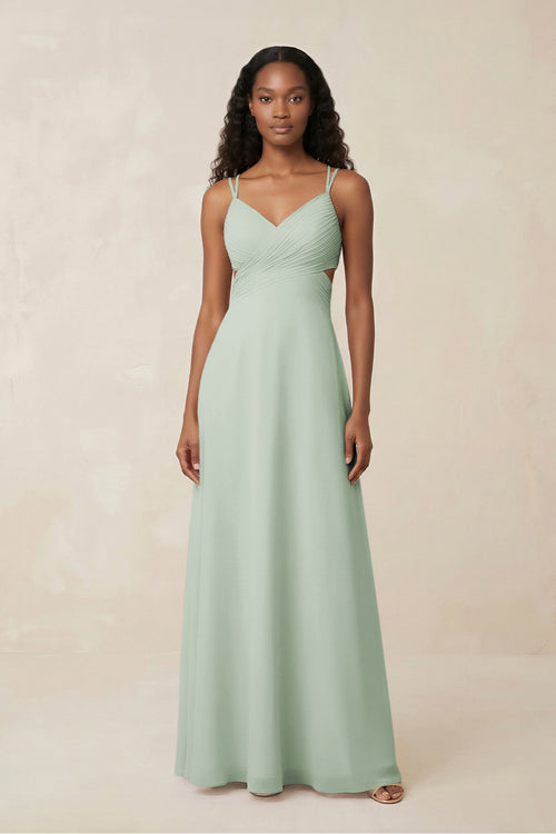 Sage V-Neck Chiffon A-Line Cut-Out Bridesmaid Dress | KISSBRIDAL