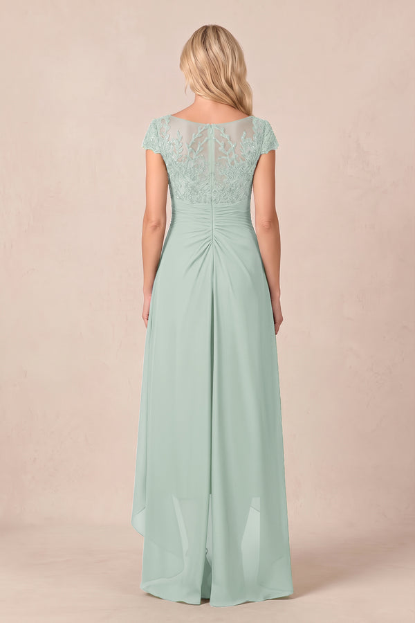 Sage V-Neck Chiffon A-Line Embroidered Ruched Mother of the Bride Dress (2) | KISSBRIDAL