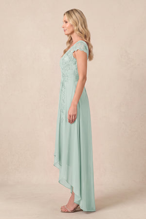 Sage V-Neck Chiffon A-Line Embroidered Ruched Mother of the Bride Dress (3) | KISSBRIDAL