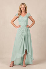 Sage V-Neck Chiffon A-Line Embroidered Ruched Mother of the Bride Dress | KISSBRIDAL