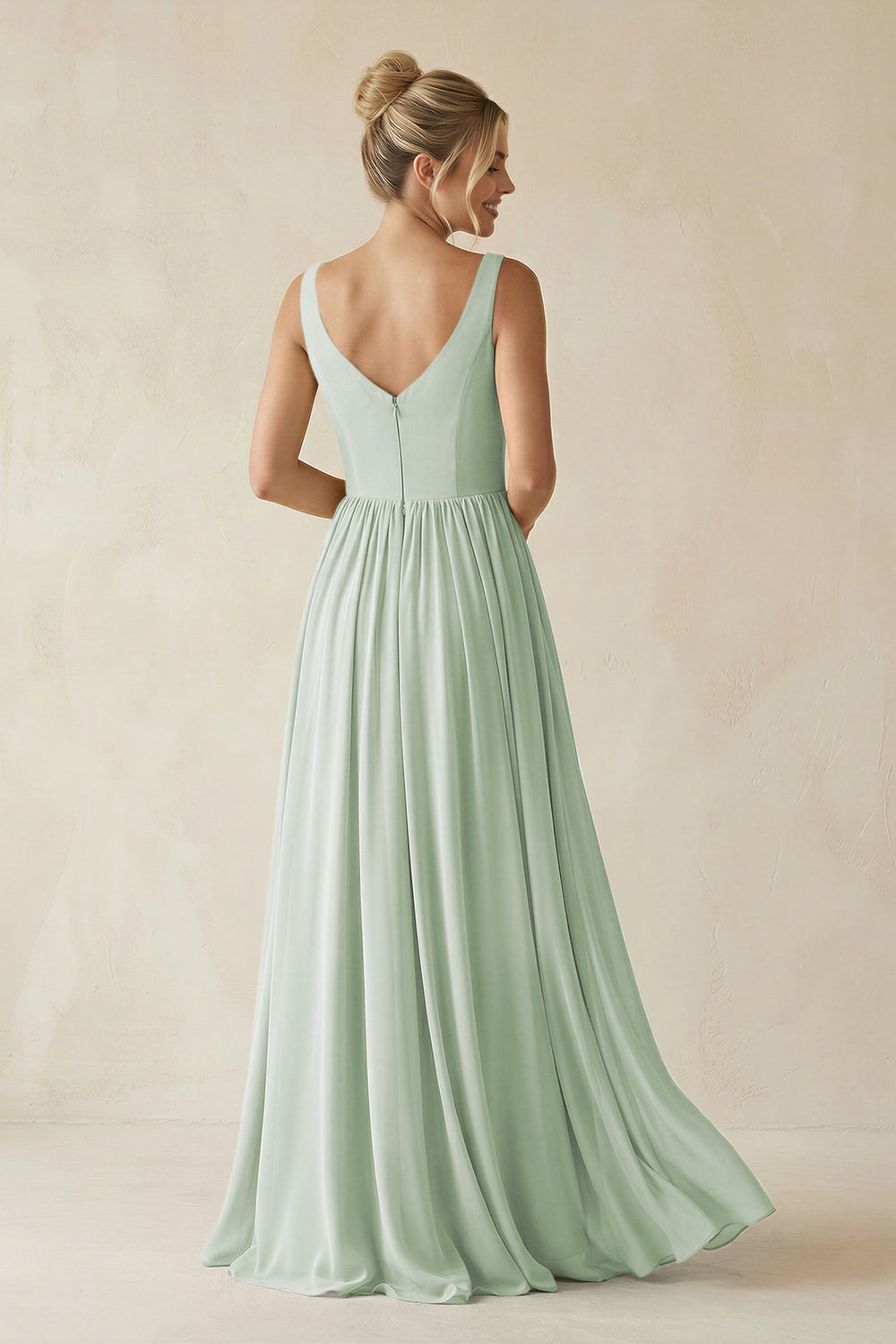 V-Neck Chiffon A-Line Long Bridesmaid Dress in Sage