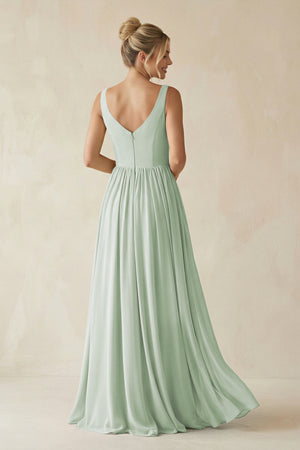 Sage V-Neck Chiffon A-Line Long Bridesmaid Dress (2) | KISSBRIDAL