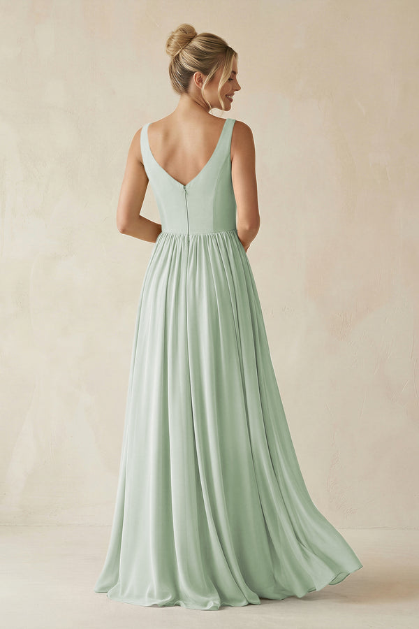 Sage V-Neck Chiffon A-Line Long Bridesmaid Dress (2) | KISSBRIDAL