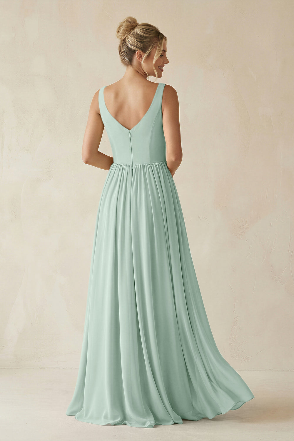 V-Neck Chiffon A-Line Long Bridesmaid Dress in Sage