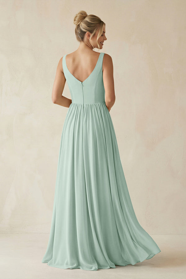 Sage V-Neck Chiffon A-Line Long Bridesmaid Dress (2) | KISSBRIDAL