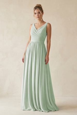 Sage V-Neck Chiffon A-Line Long Bridesmaid Dress | KISSBRIDAL
