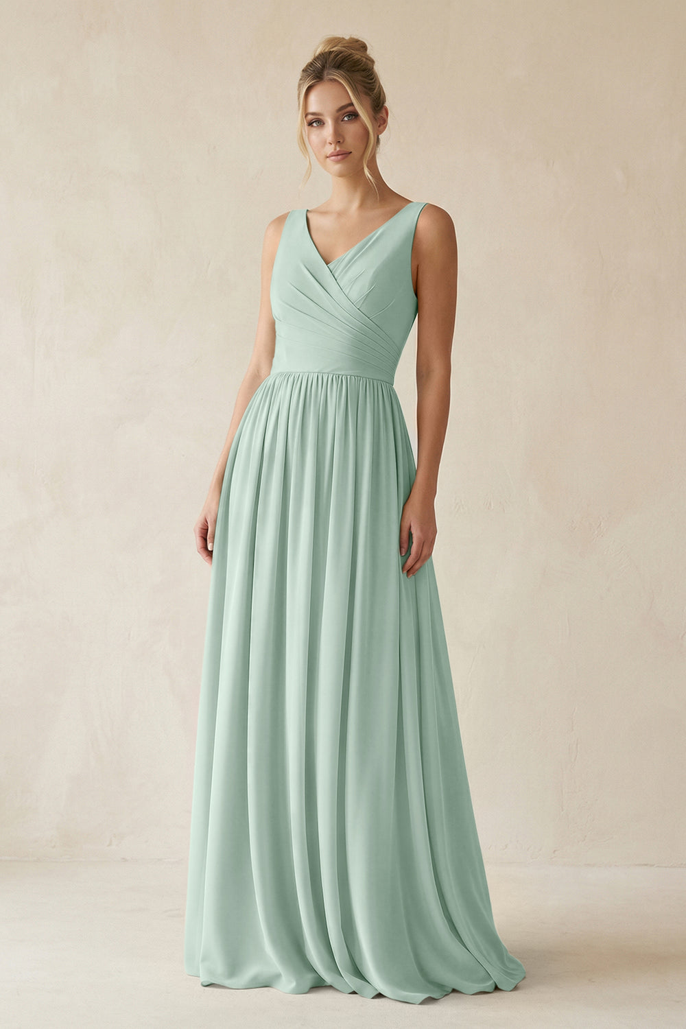 V-Neck Chiffon A-Line Long Bridesmaid Dress in Sage