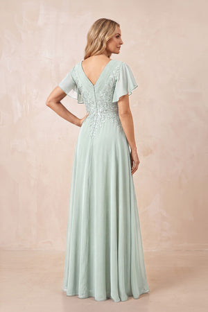 Sage V-Neck Chiffon Ruffled Sleeves A-Line Mother of the Bride Dress (2) | KISSBRIDAL