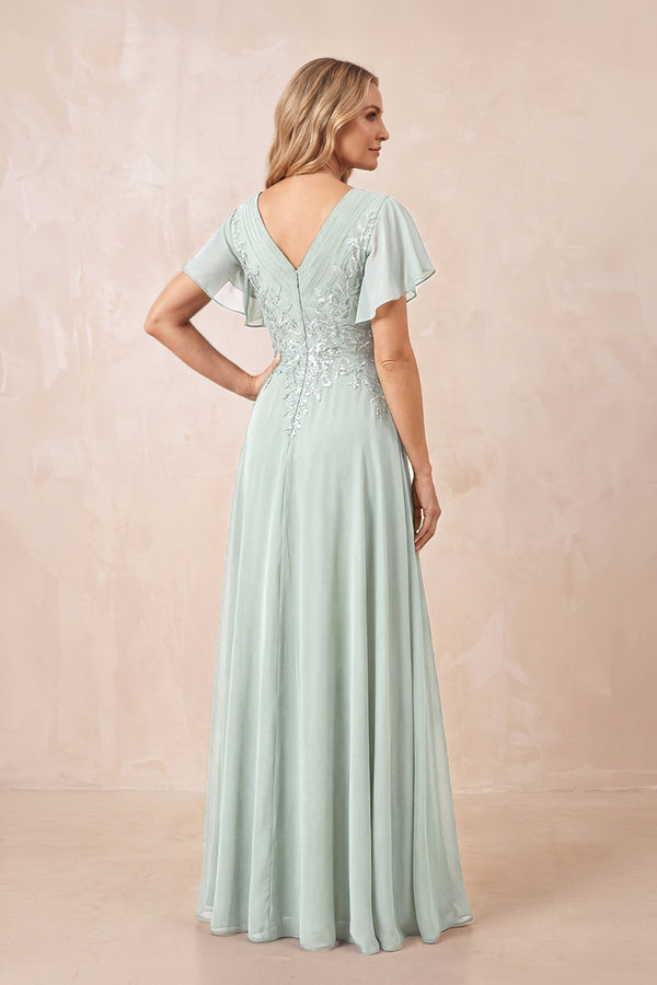 Sage V-Neck Chiffon Ruffled Sleeves A-Line Mother of the Bride Dress (2) | KISSBRIDAL