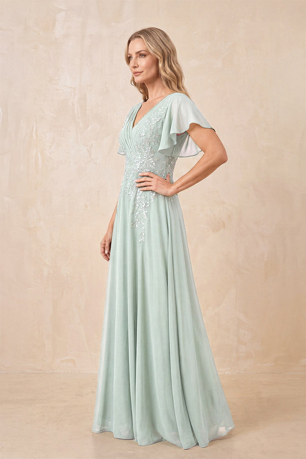 Sage V-Neck Chiffon Ruffled Sleeves A-Line Mother of the Bride Dress (3) | KISSBRIDAL