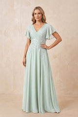 Sage V-Neck Chiffon Ruffled Sleeves A-Line Mother of the Bride Dress | KISSBRIDAL