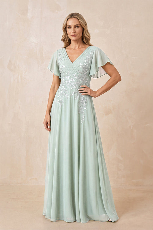 Sage V-Neck Chiffon Ruffled Sleeves A-Line Mother of the Bride Dress | KISSBRIDAL
